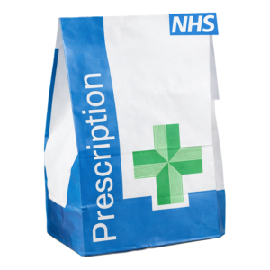 NHS prescription bag for dispensing medication UK pharmacy service