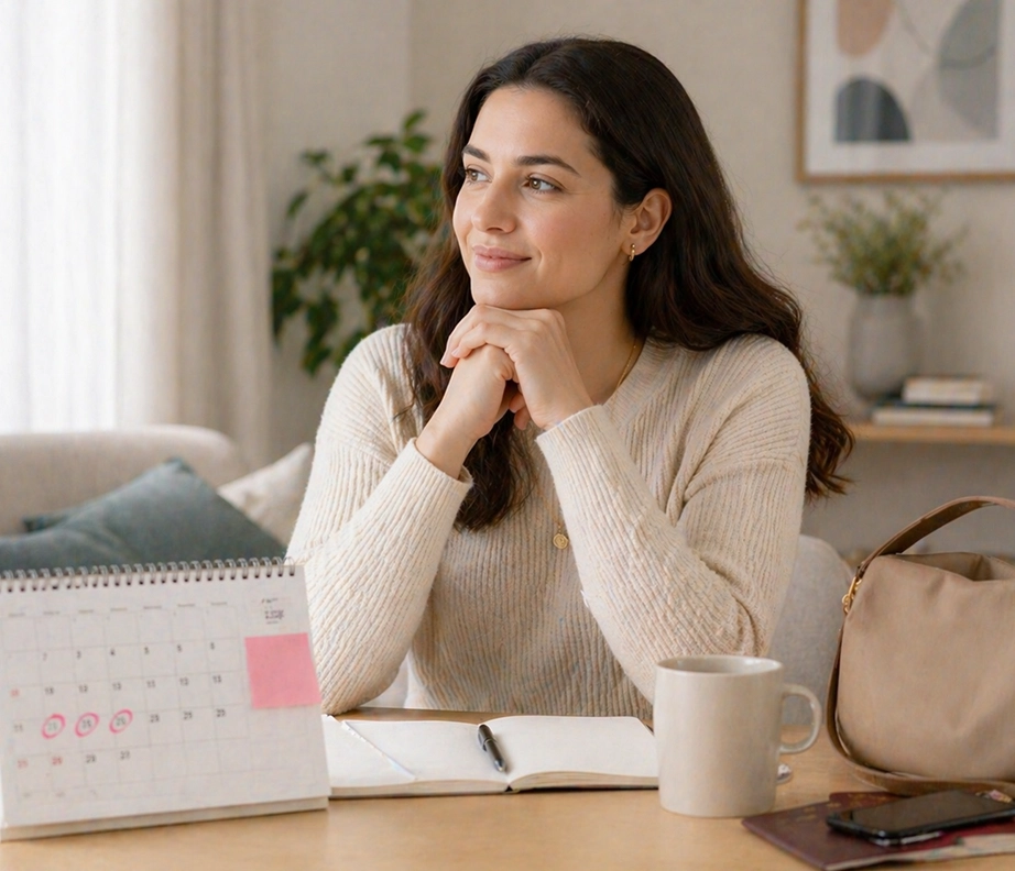 woman holding period delay medication and calendar for treatment planning UK pharmacy